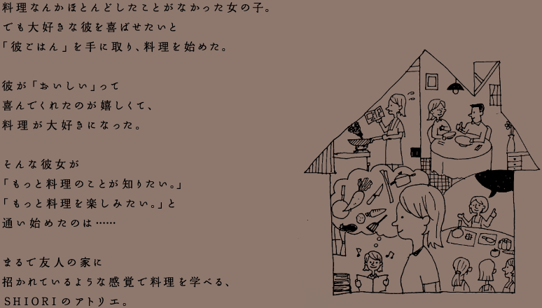 料理なんかほとんどしたことがなかった女の子。でも大好きな彼を喜ばせたいと「彼ごはん」を手に取り、料理を始めた。彼が「おいしい」って喜んでくれたのが嬉しくて、料理が大好きになった。そんな彼女が「もっと料理のことが知りたい。」「もっと料理を楽しみたい。」と通い始めたのは……まるで友人の家に招かれているような感覚で料理を学べる、SHIORIのアトリエ。